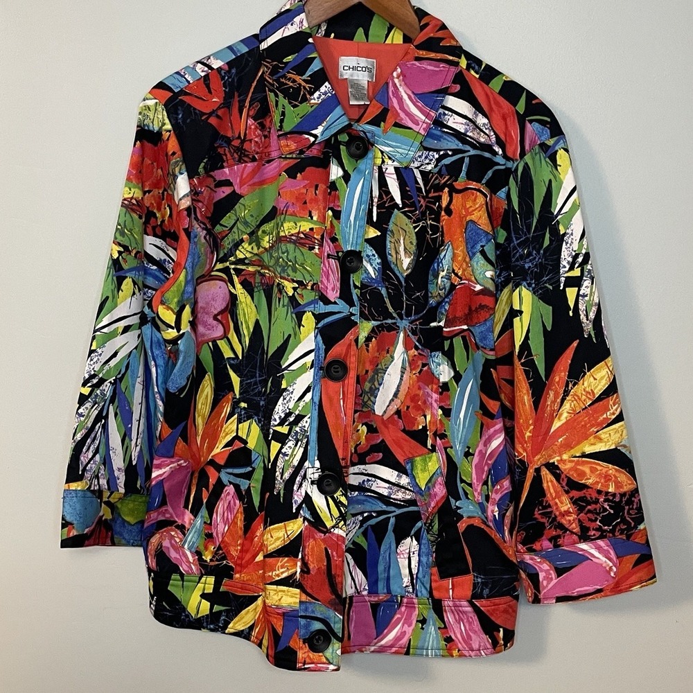 Chicos Jacket Womens Large 2 Black Floral‎ Blazer Tropical Button Artsy Colorful